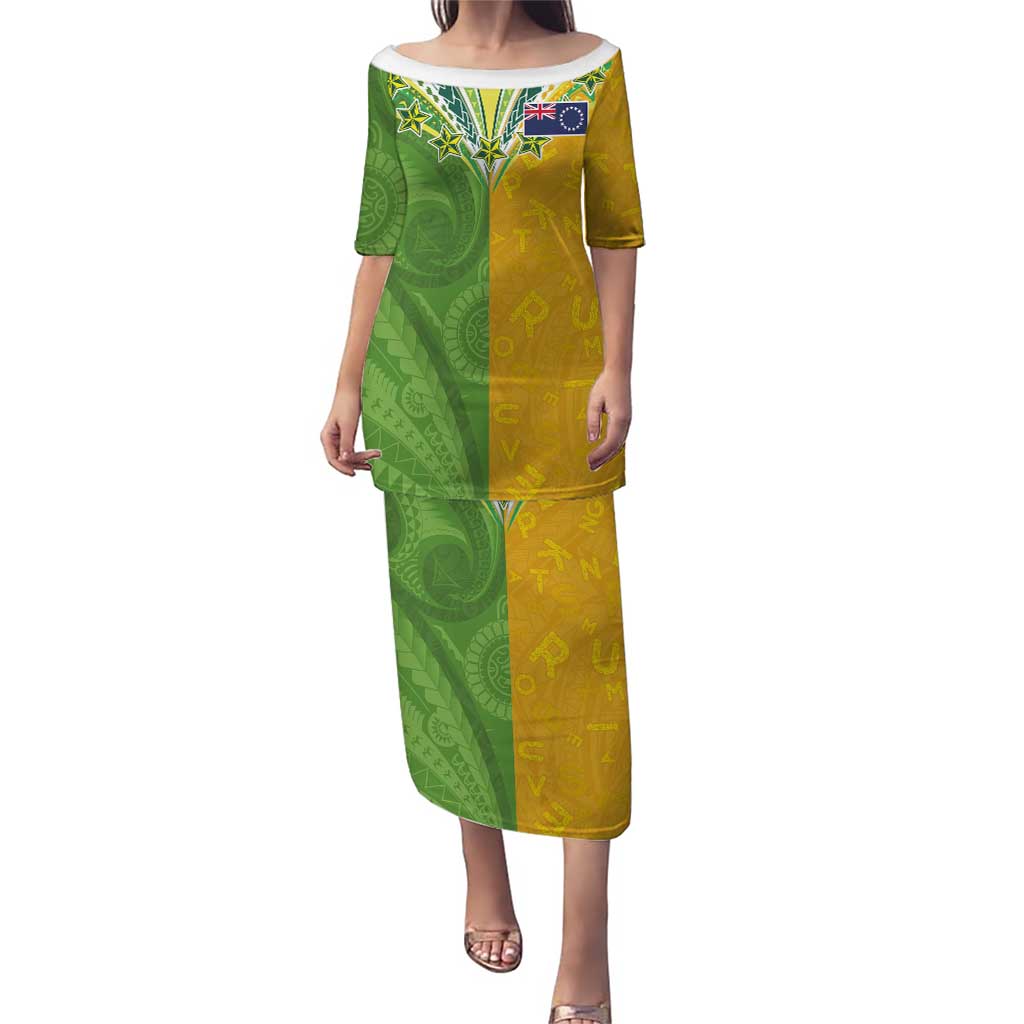 Cook Islands Language Week Puletasi Tatau Pattern and Rarotongan Alphabet LT03 Long Dress Green - Polynesian Pride