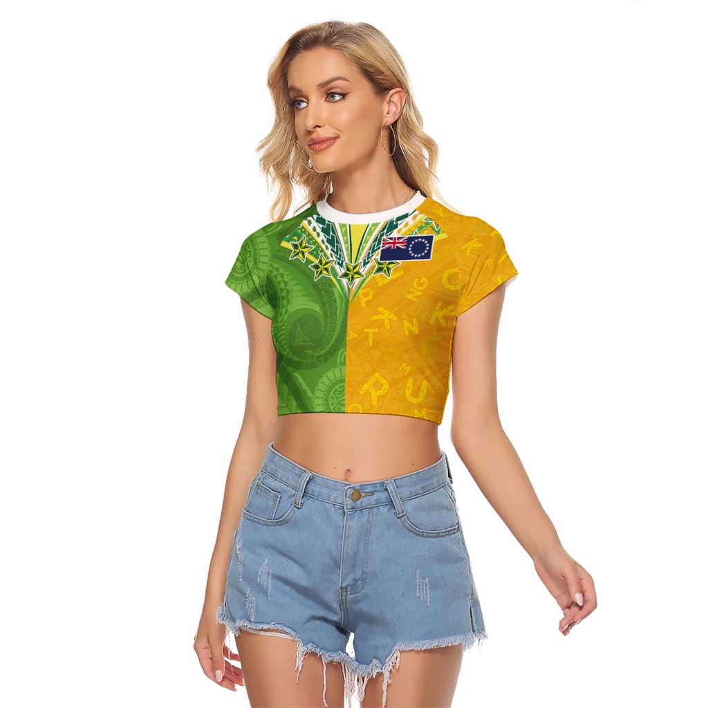 Cook Islands Language Week Raglan Cropped T Shirt Tatau Pattern and Rarotongan Alphabet LT03 Female Green - Polynesian Pride