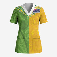 Cook Islands Language Week Scrub Top Tatau Pattern and Rarotongan Alphabet LT03 Adult Green - Polynesian Pride