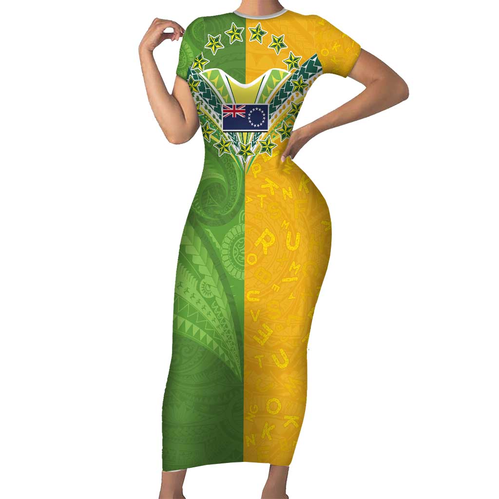 Cook Islands Language Week Short Sleeve Bodycon Dress Tatau Pattern and Rarotongan Alphabet LT03 Long Dress Green - Polynesian Pride