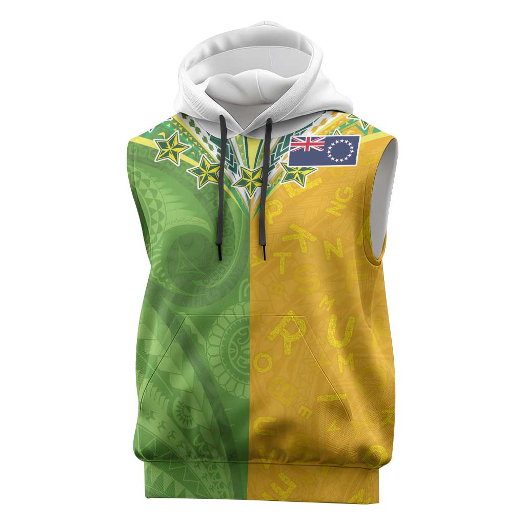 Cook Islands Language Week Sleeveless Hoodie Tatau Pattern and Rarotongan Alphabet LT03 Green - Polynesian Pride