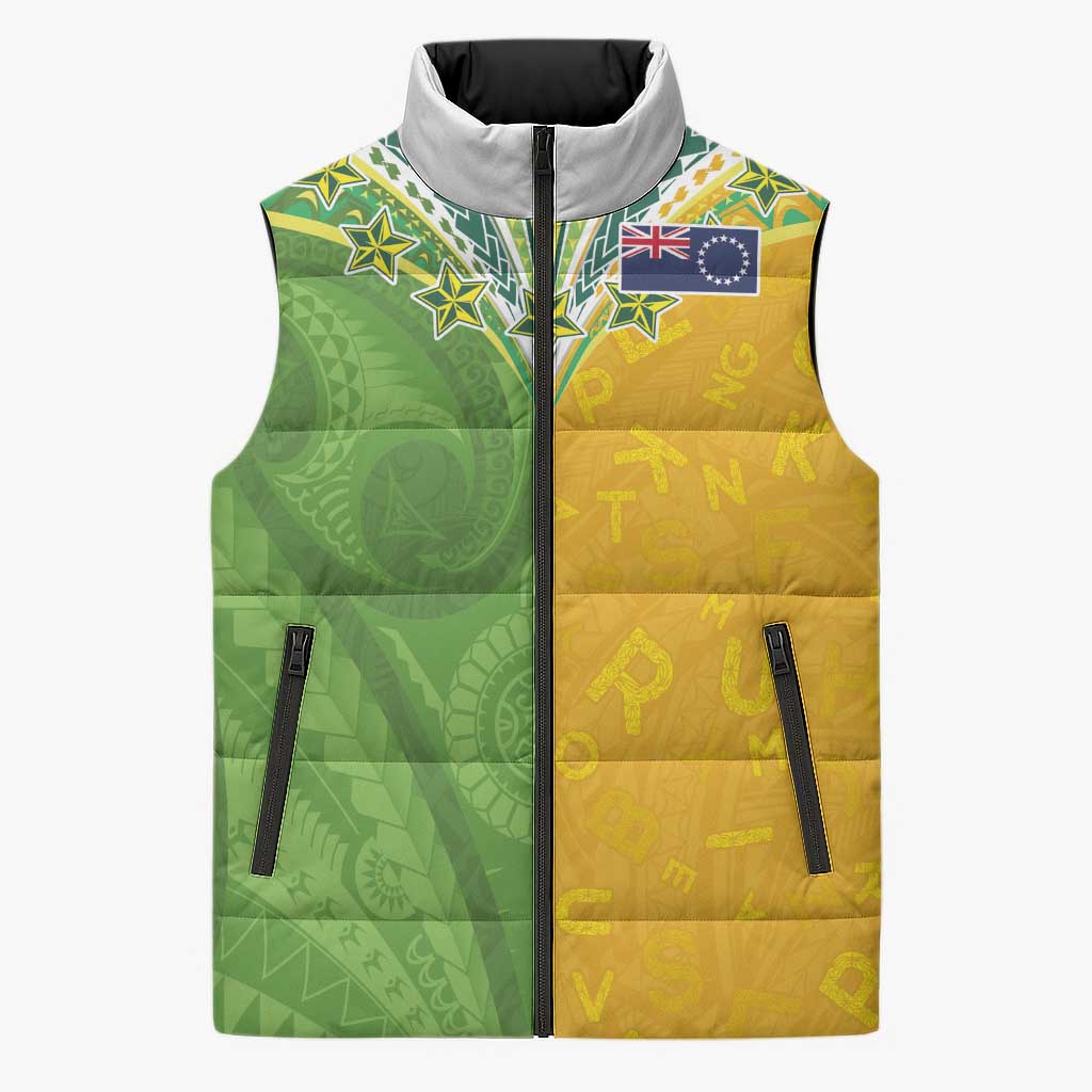 Cook Islands Language Week Sleeveless Puffer Jacket Tatau Pattern and Rarotongan Alphabet LT03 Unisex Green - Polynesian Pride
