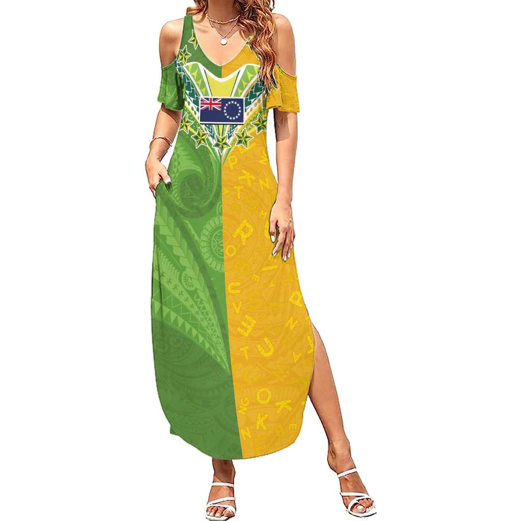 Cook Islands Language Week Summer Maxi Dress Tatau Pattern and Rarotongan Alphabet LT03 Women Green - Polynesian Pride