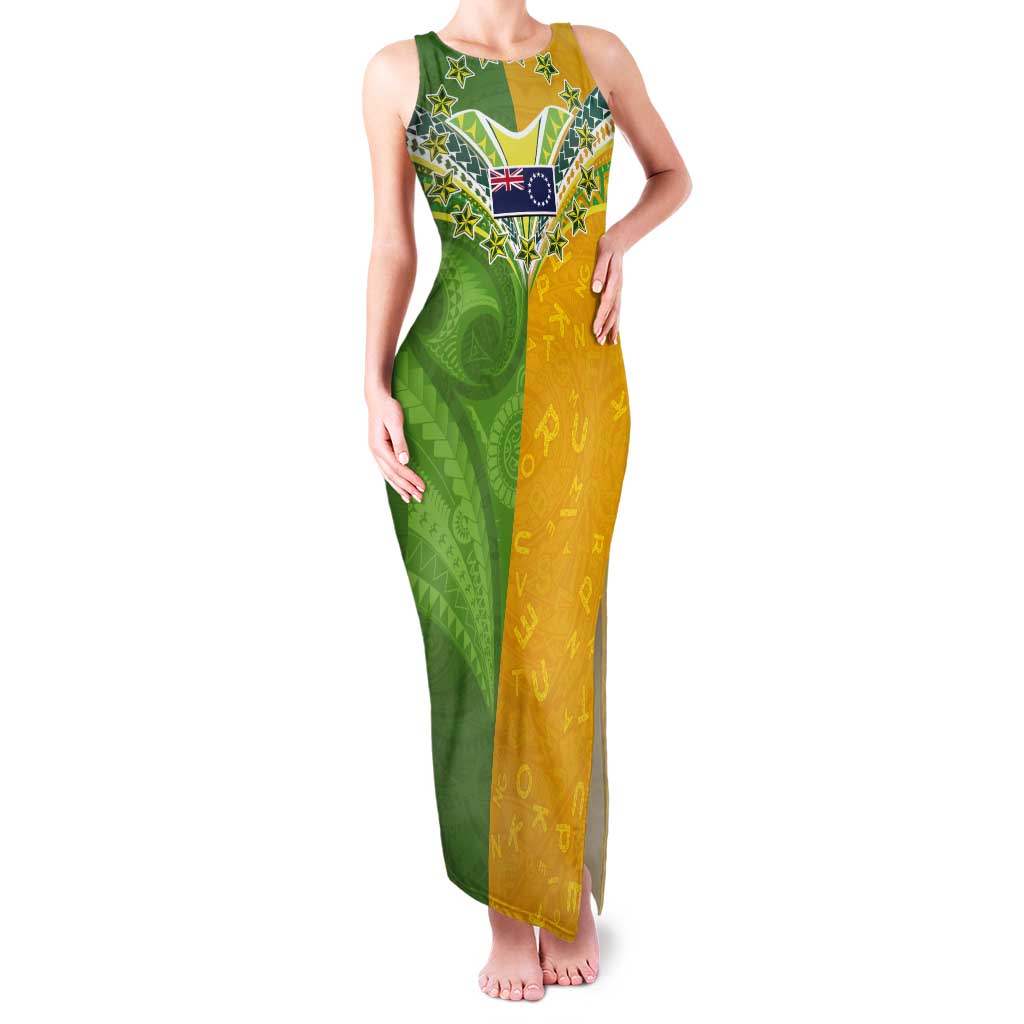 Cook Islands Language Week Tank Maxi Dress Tatau Pattern and Rarotongan Alphabet LT03 Women Green - Polynesian Pride