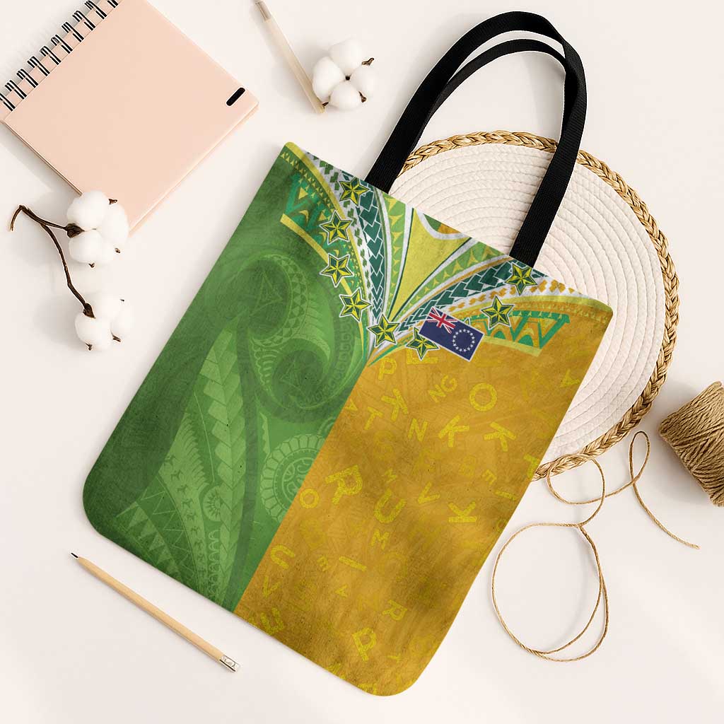Cook Islands Language Week Tote Bag Tatau Pattern and Rarotongan Alphabet LT03 Black Strap One Size Green - Polynesian Pride