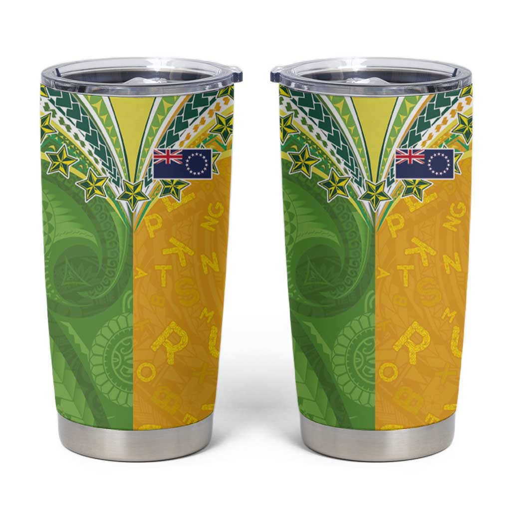 Cook Islands Language Week Tumbler Cup Tatau Pattern and Rarotongan Alphabet LT03 Green - Polynesian Pride
