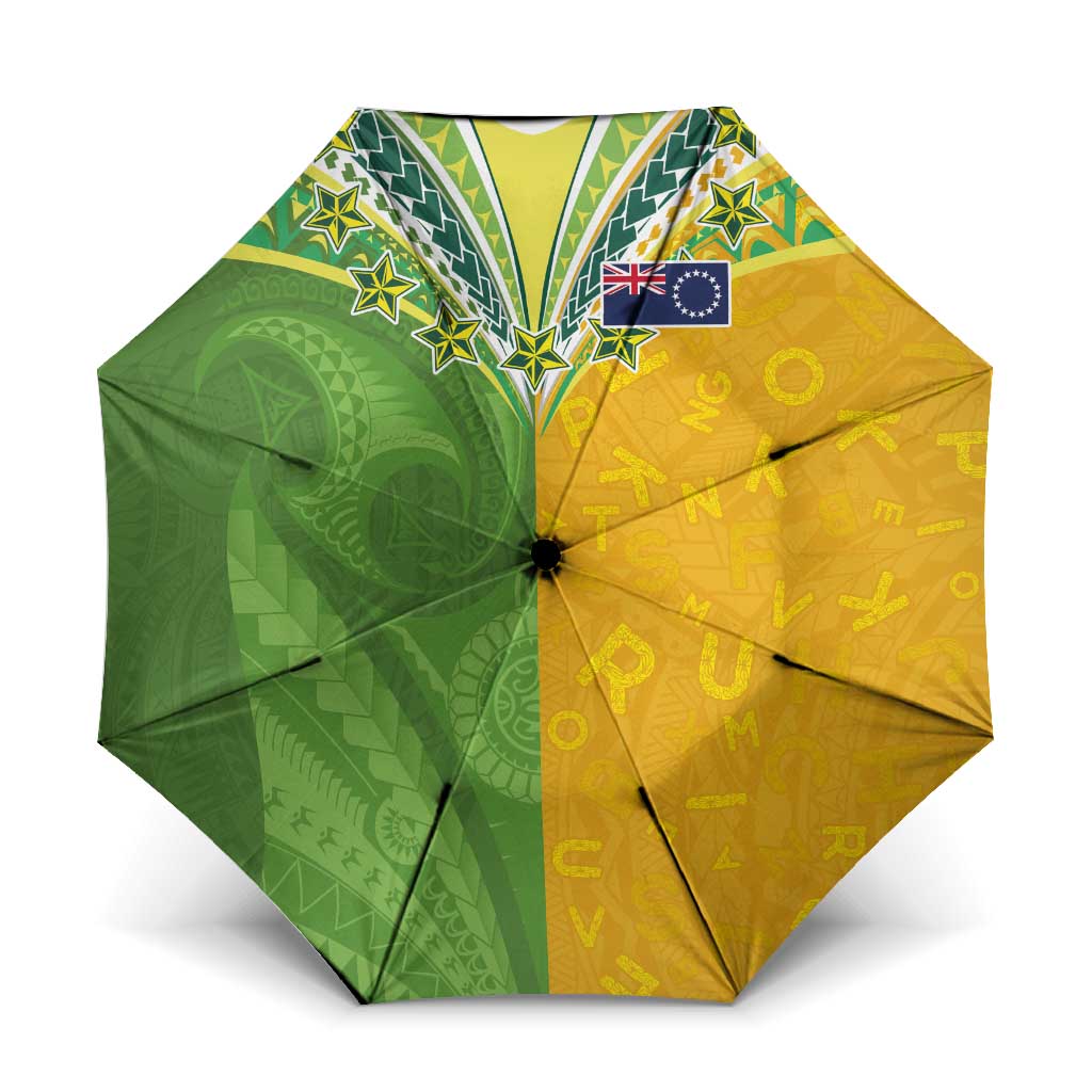 Cook Islands Language Week Umbrella Tatau Pattern and Rarotongan Alphabet LT03 One Size Folded 11.42 inch Opened Diameter 37.4 inch Green - Polynesian Pride