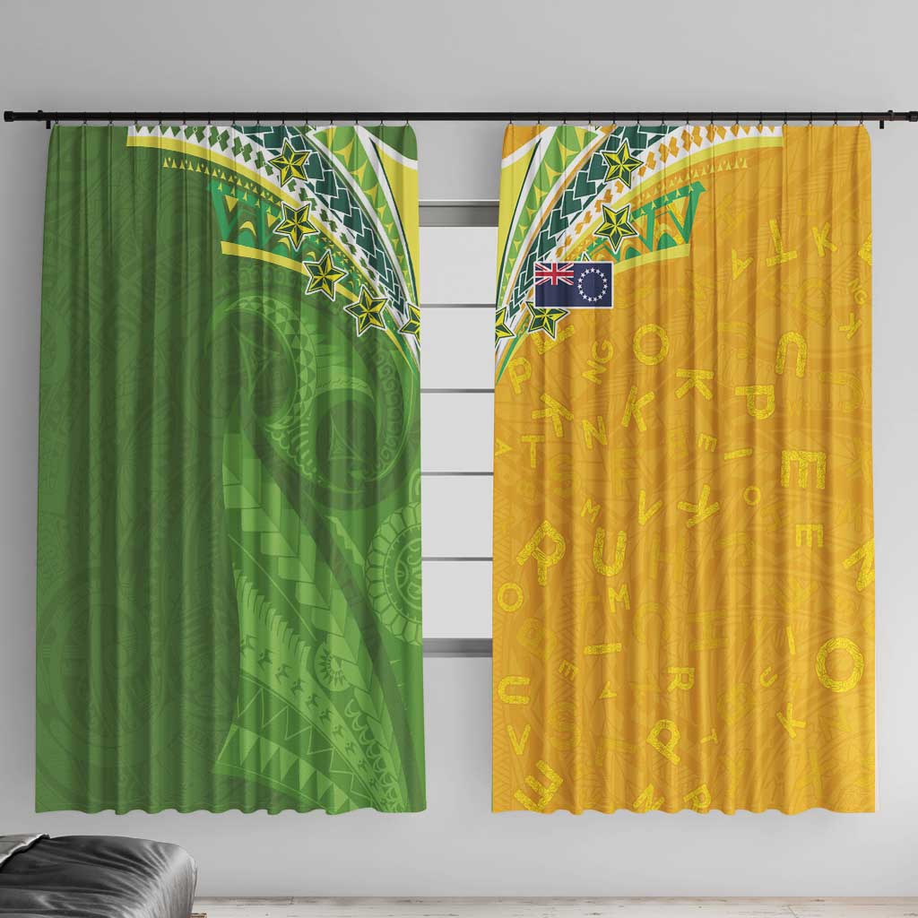 Cook Islands Language Week Window Curtain Tatau Pattern and Rarotongan Alphabet LT03 With Hooks Green - Polynesian Pride