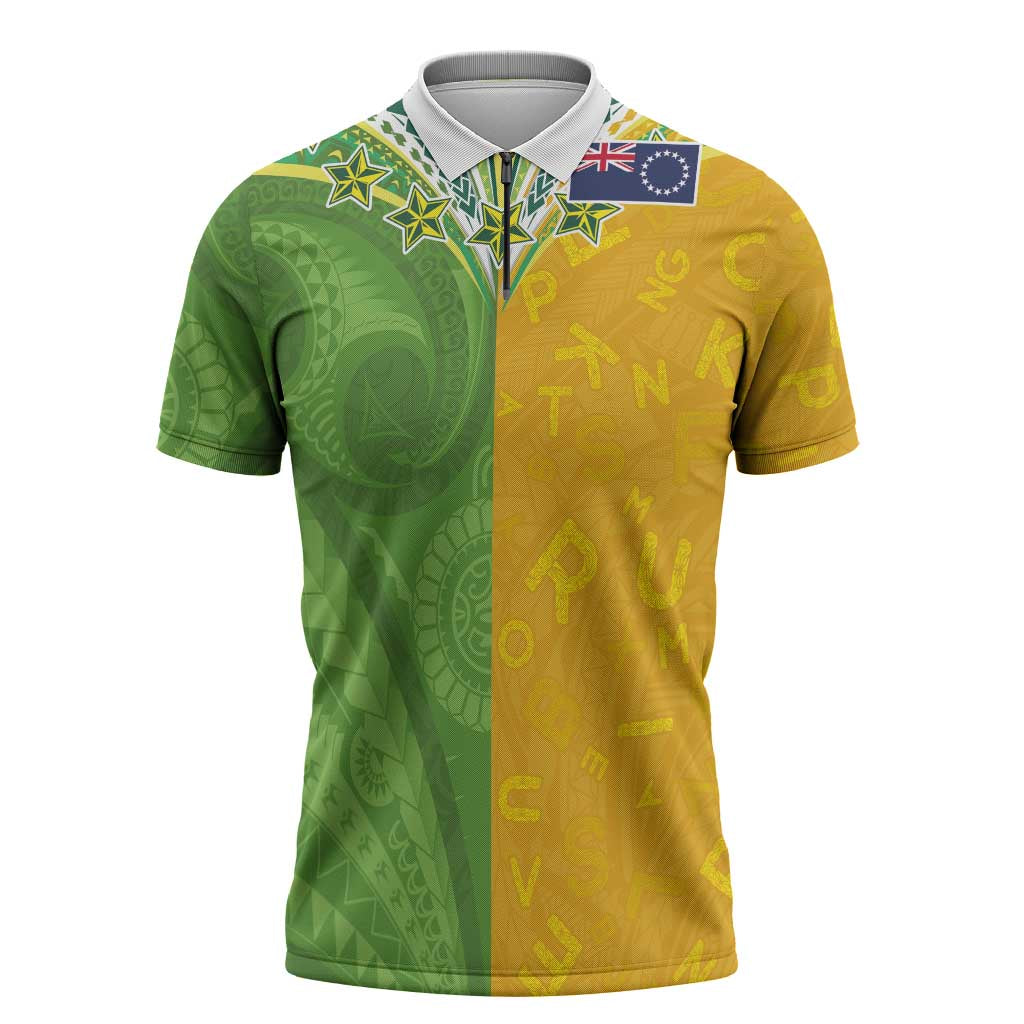 Cook Islands Language Week Zipper Polo Shirt Tatau Pattern and Rarotongan Alphabet LT03 Green - Polynesian Pride