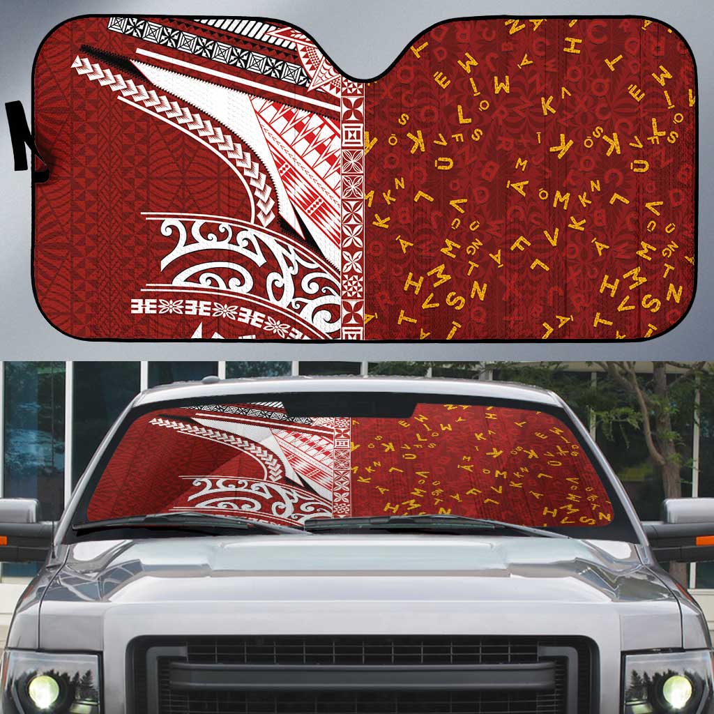 Tonga Language Week Auto Sun Shade Ngatu Pattern and Tongan Alphabet LT03 Red - Polynesian Pride