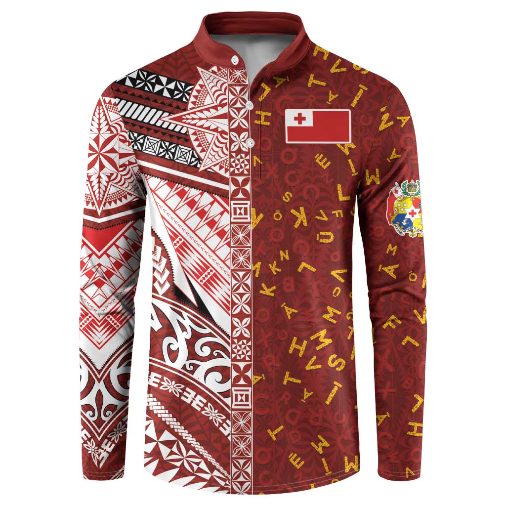 Tonga Language Week Button Sweatshirt Ngatu Pattern and Tongan Alphabet LT03 Red - Polynesian Pride