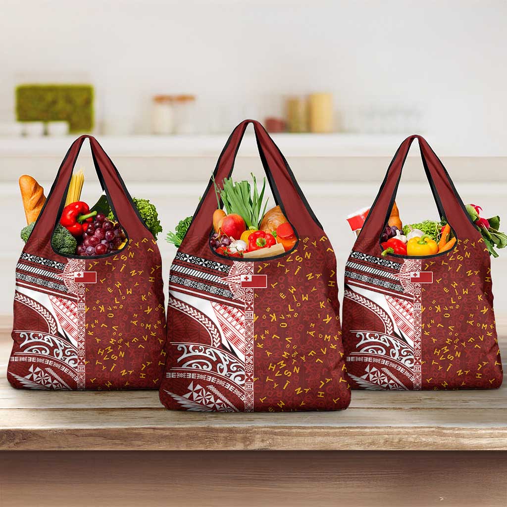 Tonga Language Week Grocery Bag Ngatu Pattern and Tongan Alphabet LT03 3-pack One Size Red - Polynesian Pride