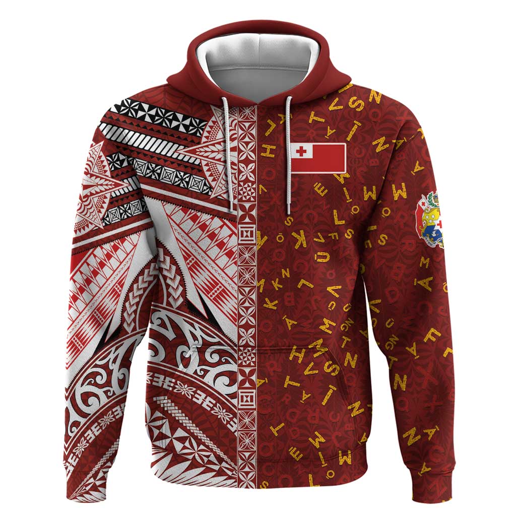 Tonga Language Week Hoodie Ngatu Pattern and Tongan Alphabet LT03 Pullover Hoodie Red - Polynesian Pride