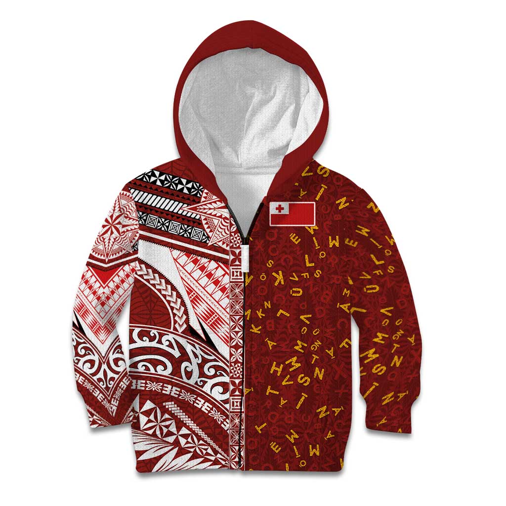 Tonga Language Week Kid Hoodie Ngatu Pattern and Tongan Alphabet LT03 Zip Hoodie Red - Polynesian Pride