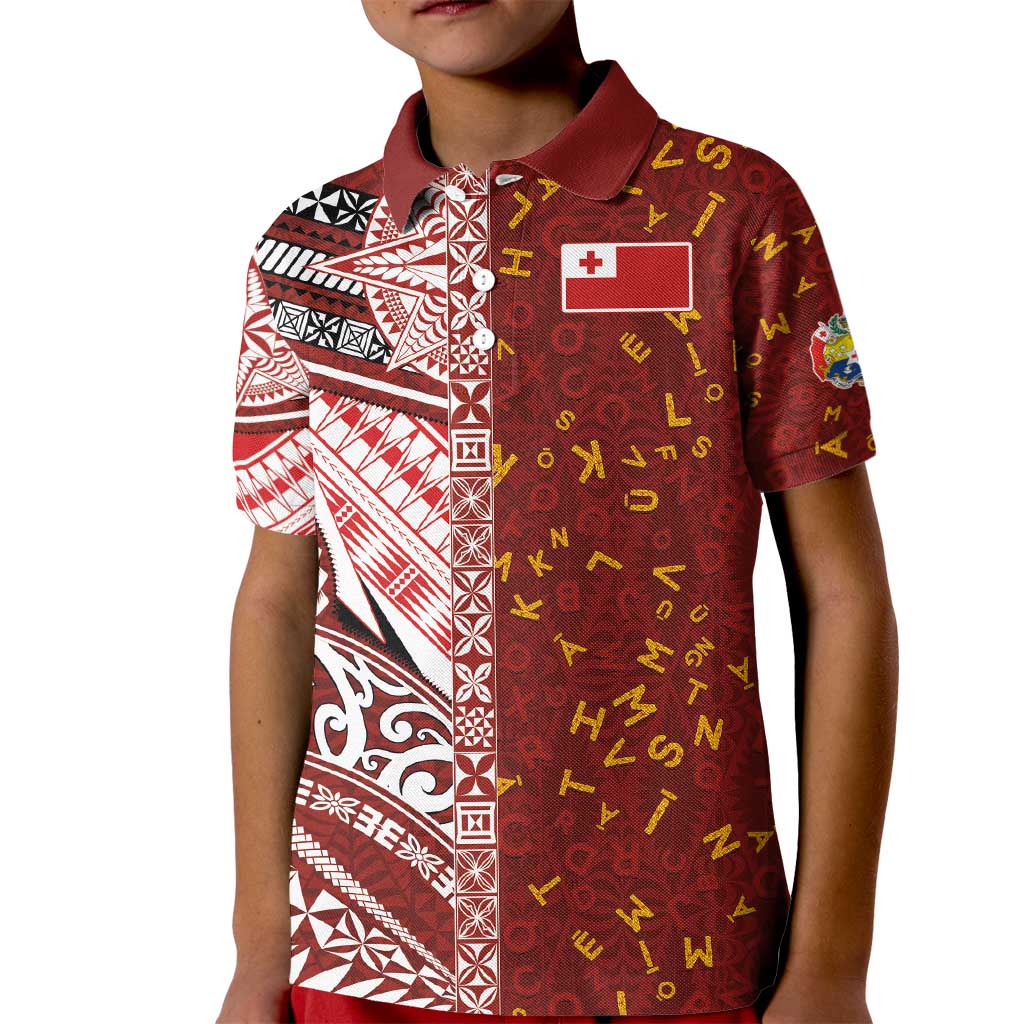 Tonga Language Week Kid Polo Shirt Ngatu Pattern and Tongan Alphabet LT03 Kid Red - Polynesian Pride