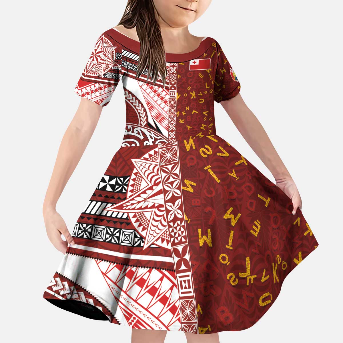 Tonga Language Week Kid Short Sleeve Dress Ngatu Pattern and Tongan Alphabet LT03 KID Red - Polynesian Pride