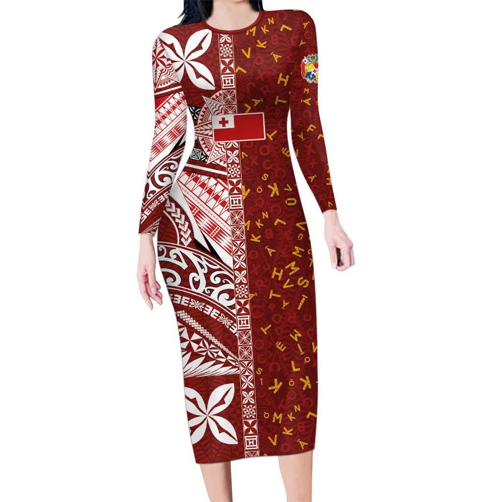 Tonga Language Week Long Sleeve Bodycon Dress Ngatu Pattern and Tongan Alphabet LT03 Long Dress Red - Polynesian Pride
