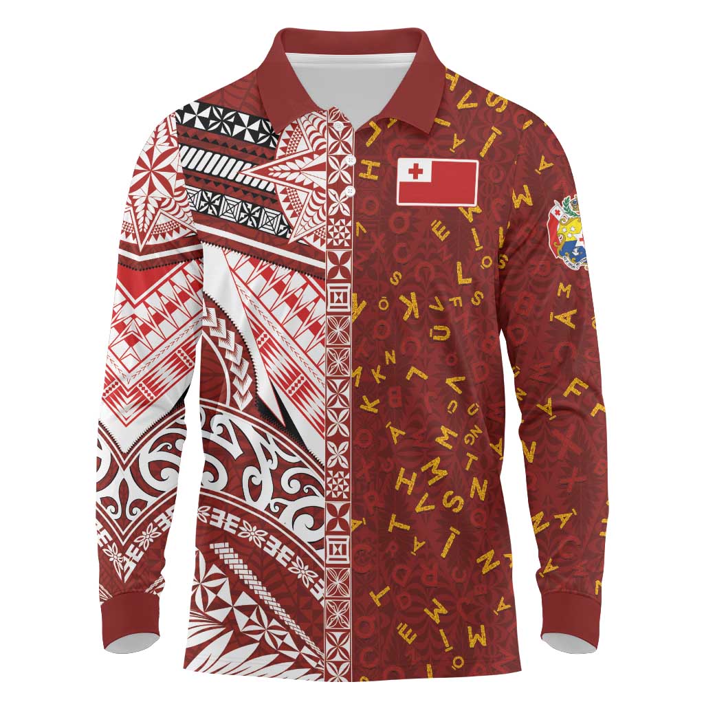 Tonga Language Week Long Sleeve Polo Shirt Ngatu Pattern and Tongan Alphabet LT03 Red - Polynesian Pride