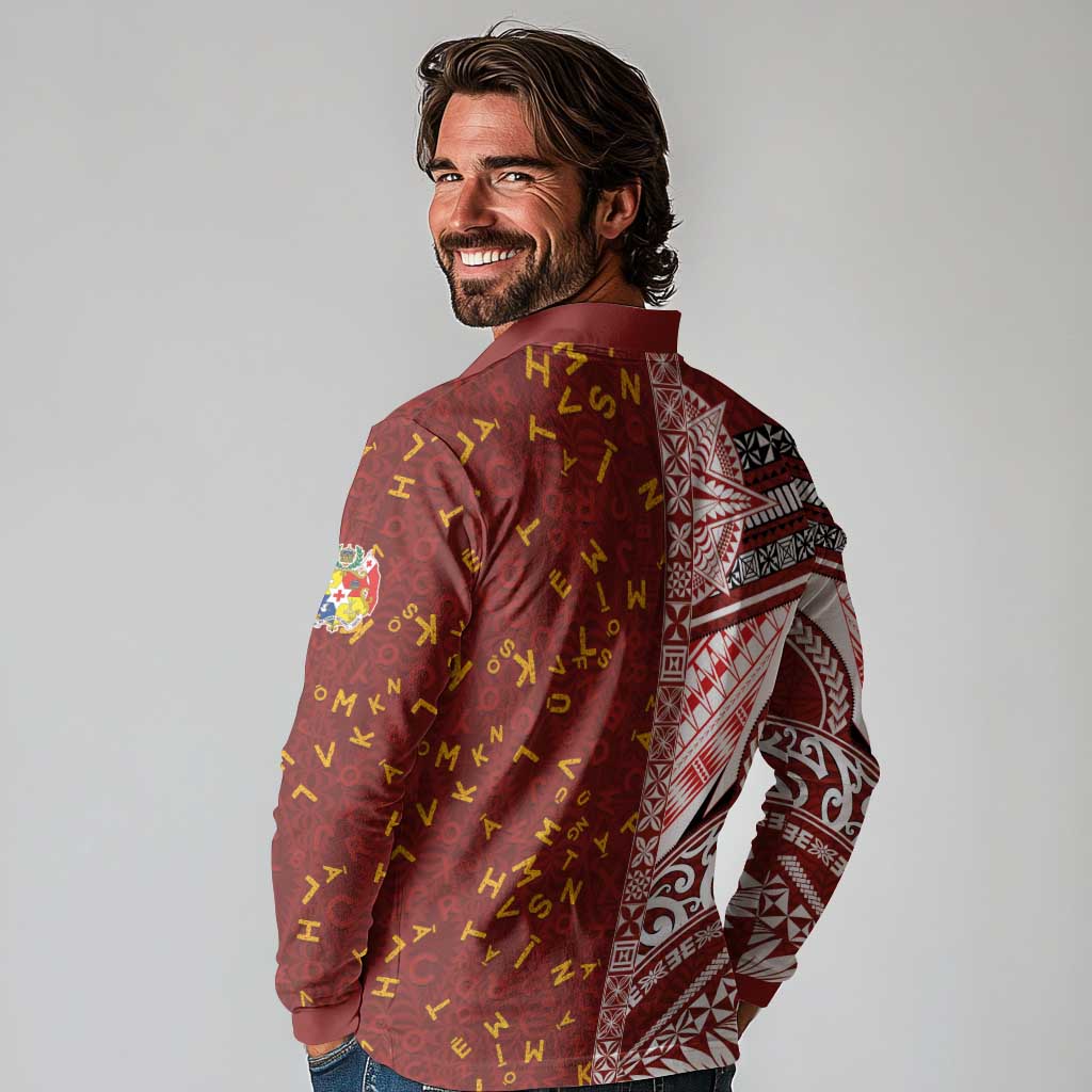 Tonga Language Week Long Sleeve Polo Shirt Ngatu Pattern and Tongan Alphabet LT03 - Polynesian Pride