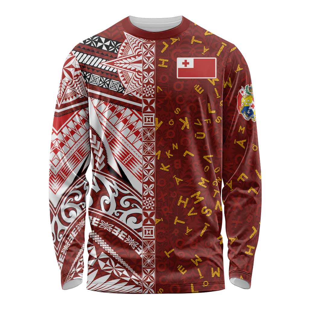 Tonga Language Week Long Sleeve Shirt Ngatu Pattern and Tongan Alphabet LT03 Unisex Red - Polynesian Pride