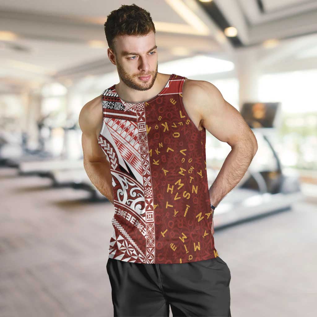 Tonga Language Week Men Tank Top Ngatu Pattern and Tongan Alphabet LT03 Red - Polynesian Pride