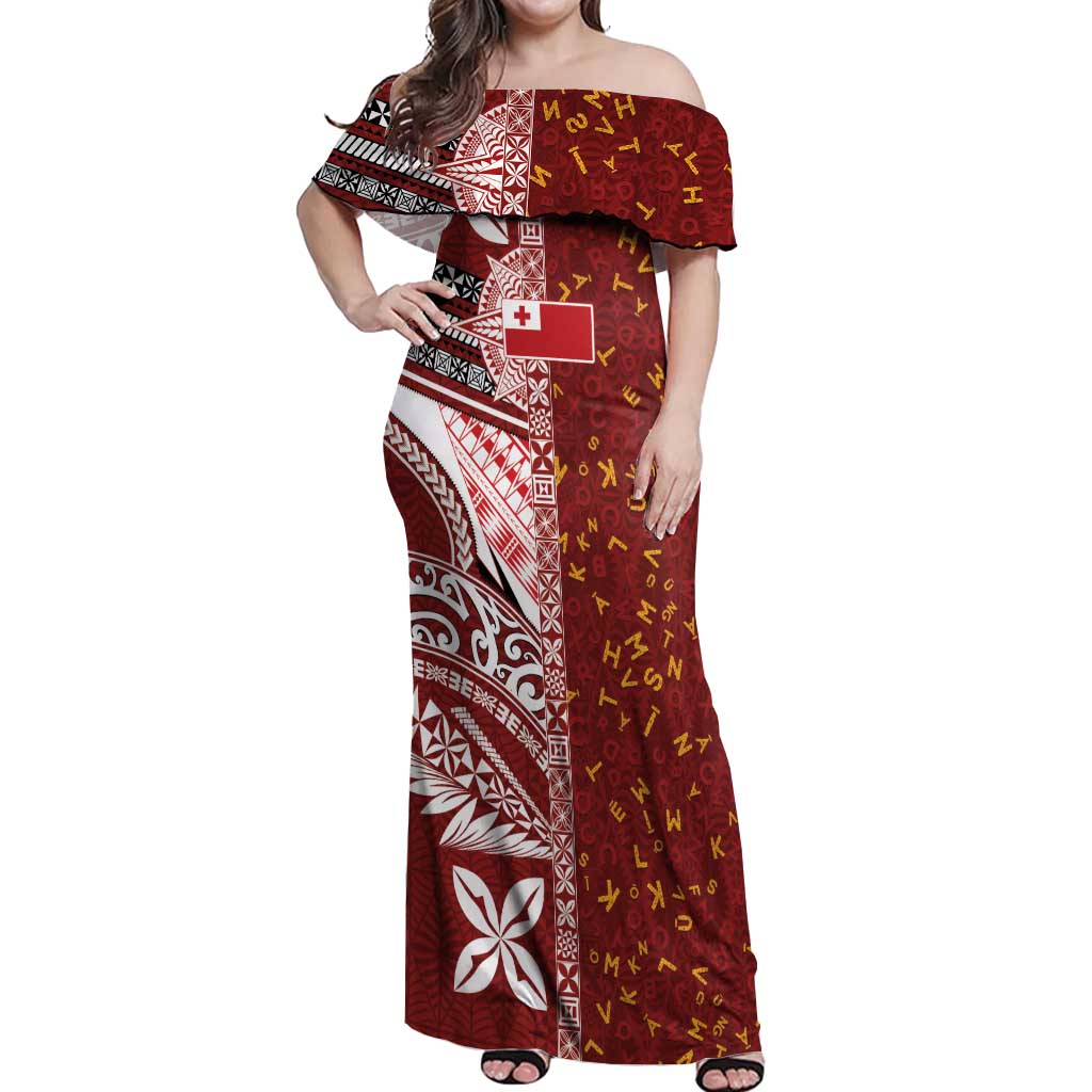 Tonga Language Week Off Shoulder Maxi Dress Ngatu Pattern and Tongan Alphabet LT03 Women Red - Polynesian Pride