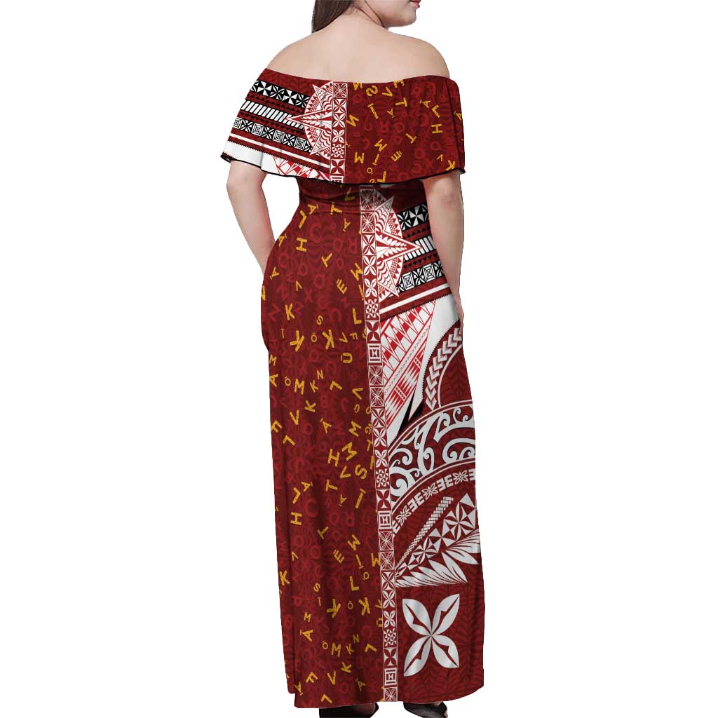 Tonga Language Week Off Shoulder Maxi Dress Ngatu Pattern and Tongan Alphabet LT03 - Polynesian Pride