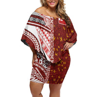 Tonga Language Week Off Shoulder Short Dress Ngatu Pattern and Tongan Alphabet LT03 Women Red - Polynesian Pride