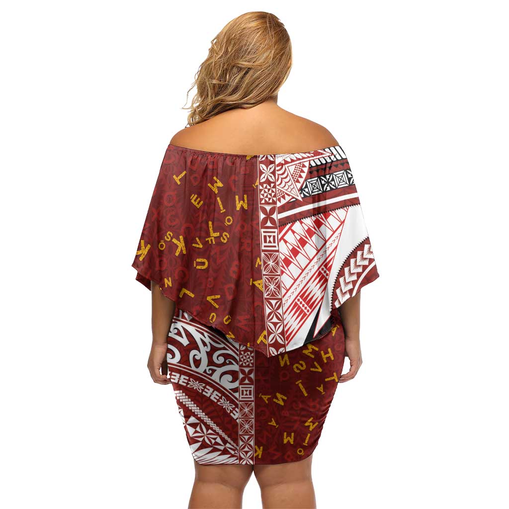 Tonga Language Week Off Shoulder Short Dress Ngatu Pattern and Tongan Alphabet LT03 - Polynesian Pride