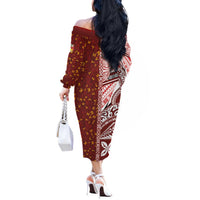 Tonga Language Week Off The Shoulder Long Sleeve Dress Ngatu Pattern and Tongan Alphabet LT03 - Polynesian Pride