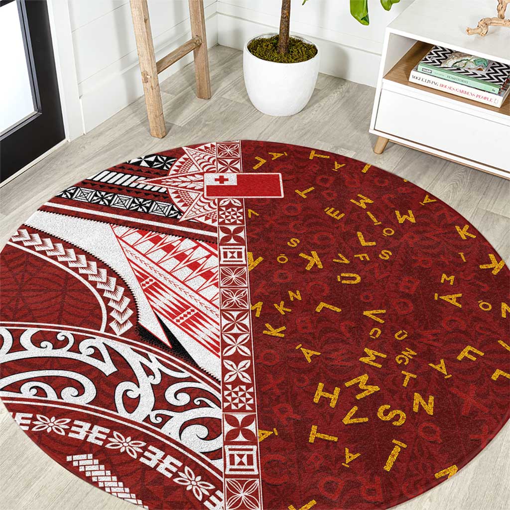 Tonga Language Week Round Carpet Ngatu Pattern and Tongan Alphabet LT03 Red - Polynesian Pride