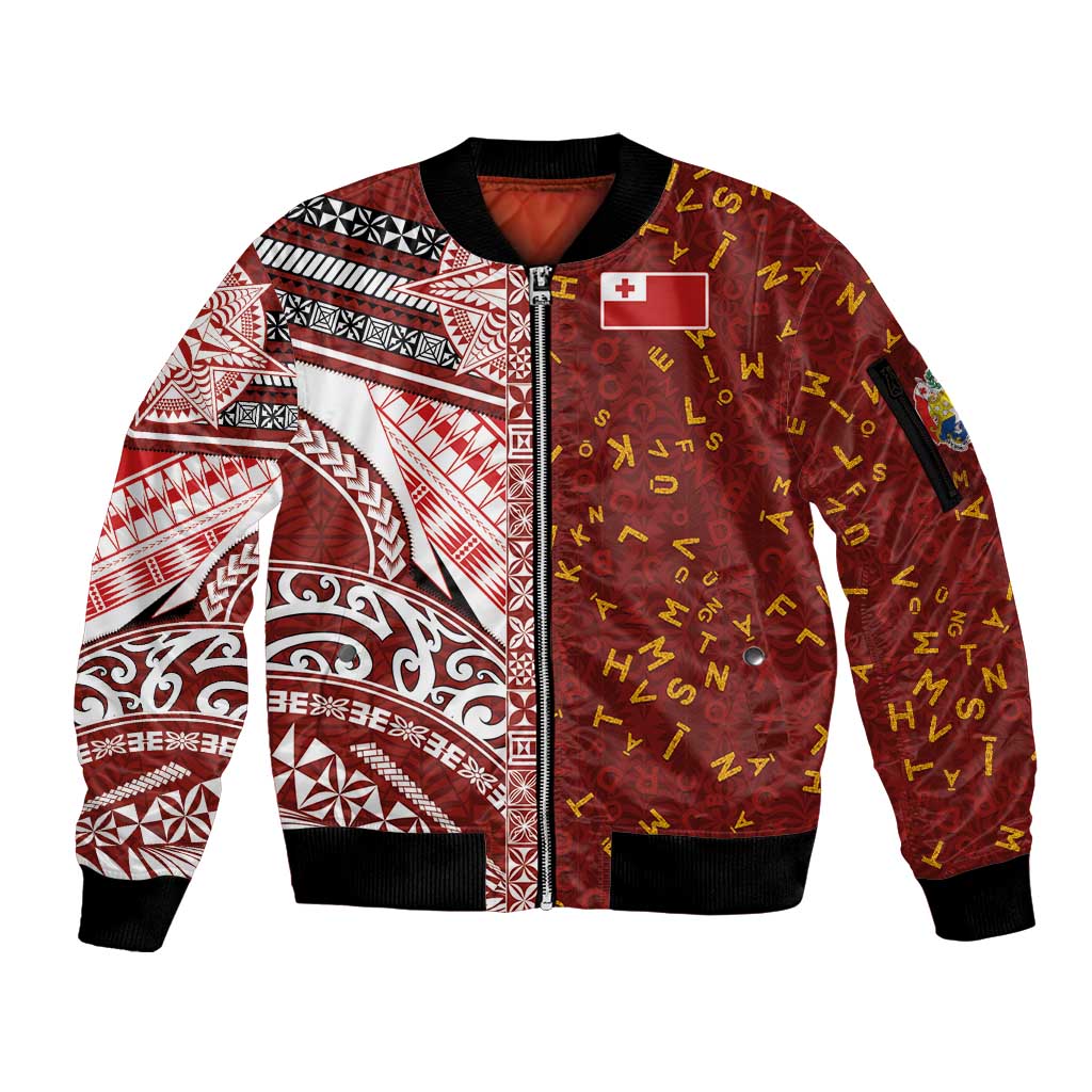 Tonga Language Week Sleeve Zip Bomber Jacket Ngatu Pattern and Tongan Alphabet LT03 Unisex Red - Polynesian Pride