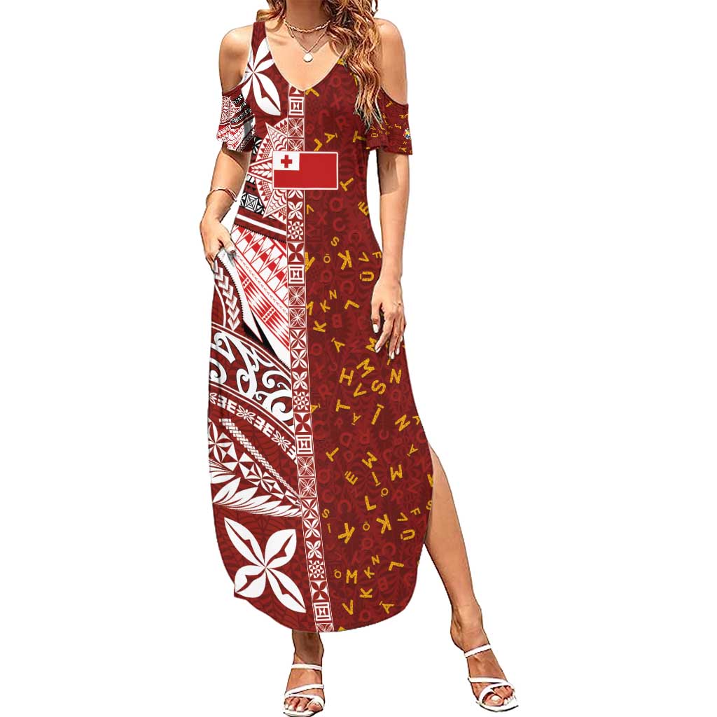 Tonga Language Week Summer Maxi Dress Ngatu Pattern and Tongan Alphabet LT03 Women Red - Polynesian Pride