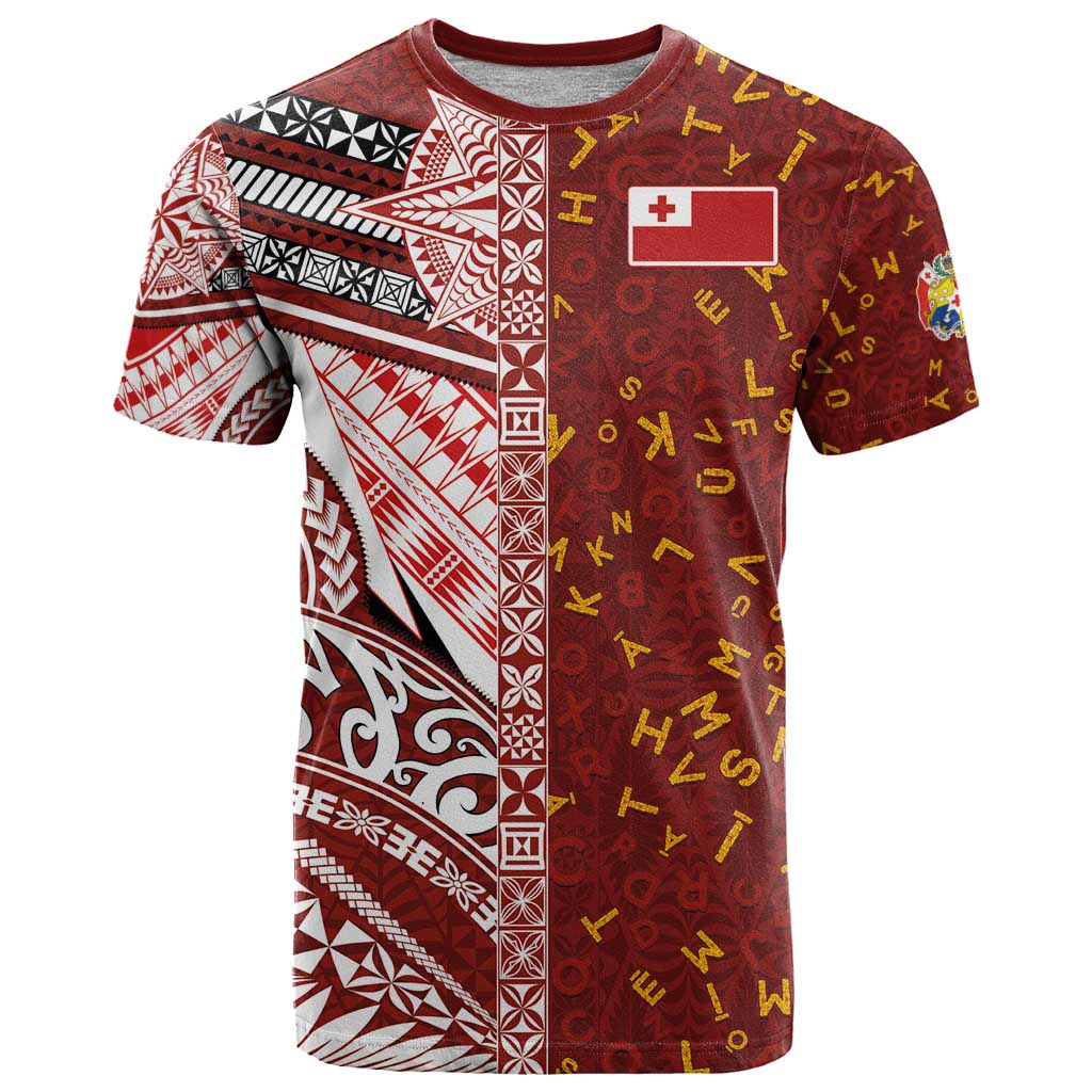 Tonga Language Week T Shirt Ngatu Pattern and Tongan Alphabet LT03 Red - Polynesian Pride