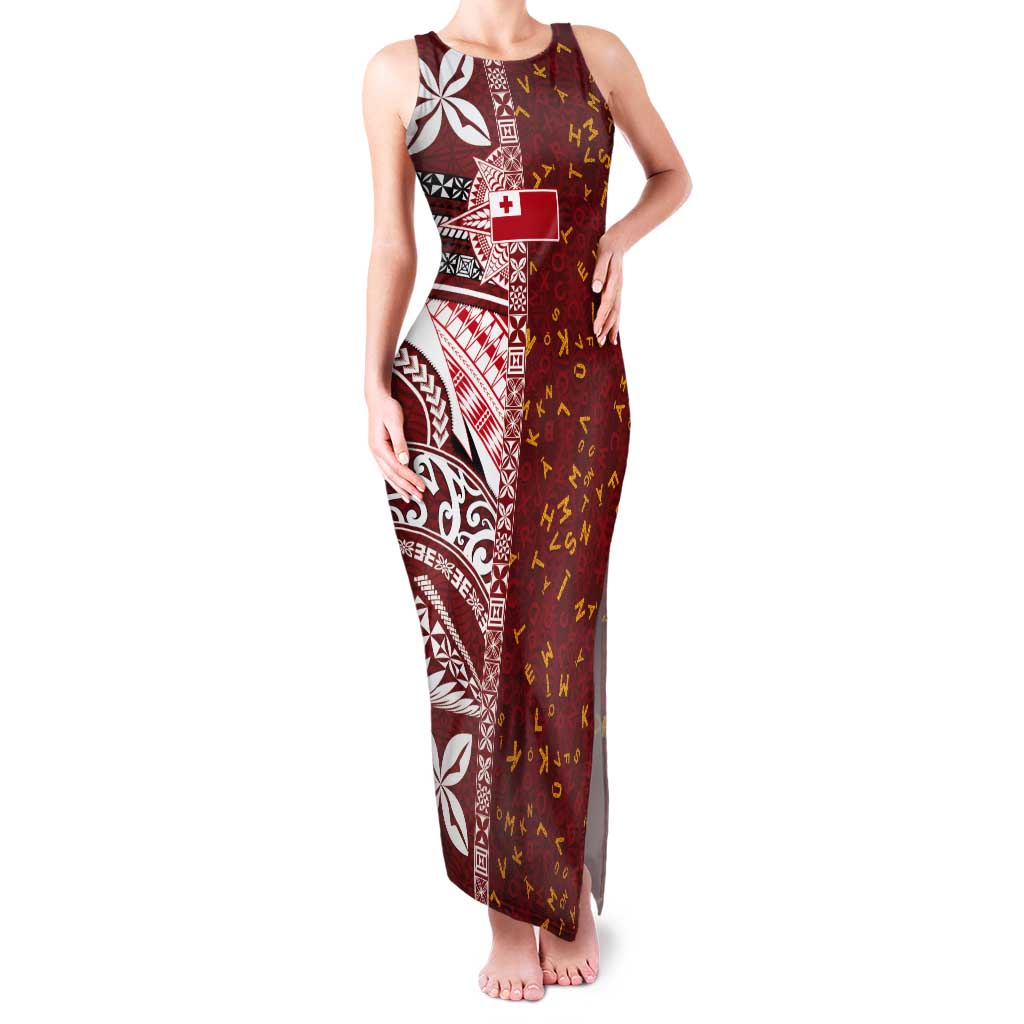 Tonga Language Week Tank Maxi Dress Ngatu Pattern and Tongan Alphabet LT03 Women Red - Polynesian Pride
