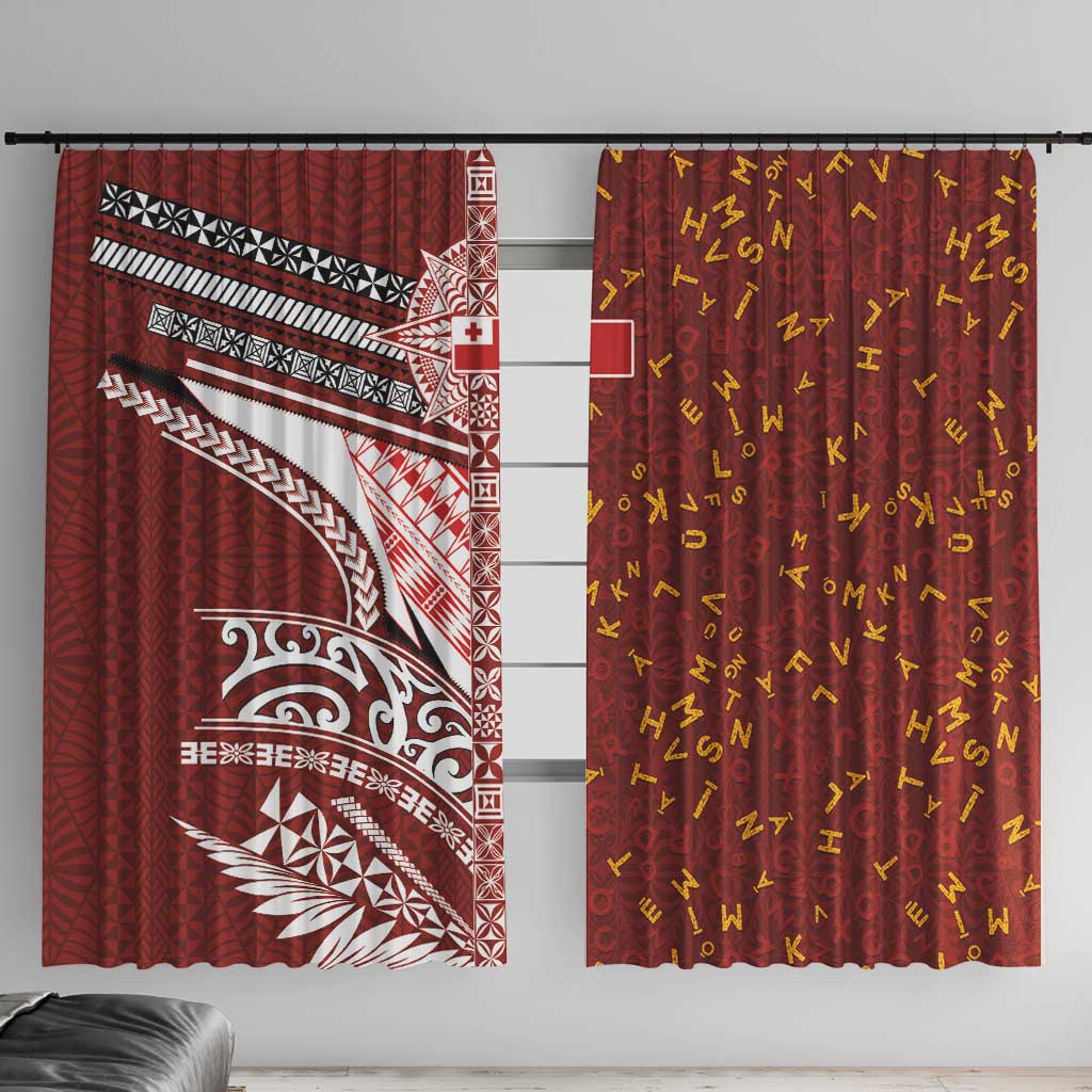 Tonga Language Week Window Curtain Ngatu Pattern and Tongan Alphabet LT03 With Hooks Red - Polynesian Pride