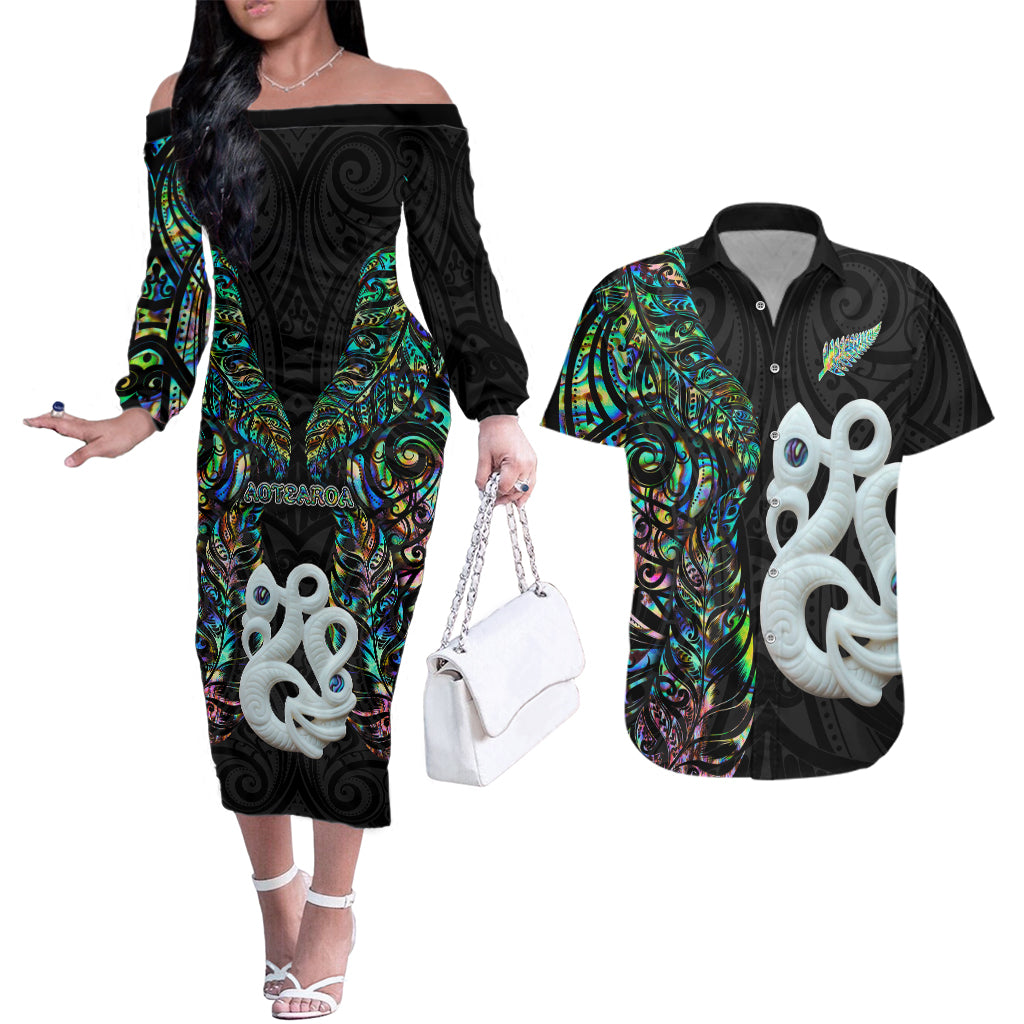 New Zealand Couples Matching Off The Shoulder Long Sleeve Dress and Hawaiian Shirt Silver Fern and Manaia with Papua Shell Maori Tribal LT03 White - Polynesian Pride
