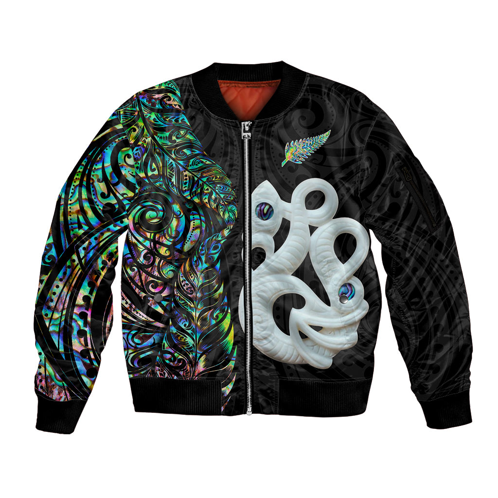 New Zealand Sleeve Zip Bomber Jacket Silver Fern and Manaia with Papua Shell Maori Tribal LT03 Unisex White - Polynesian Pride