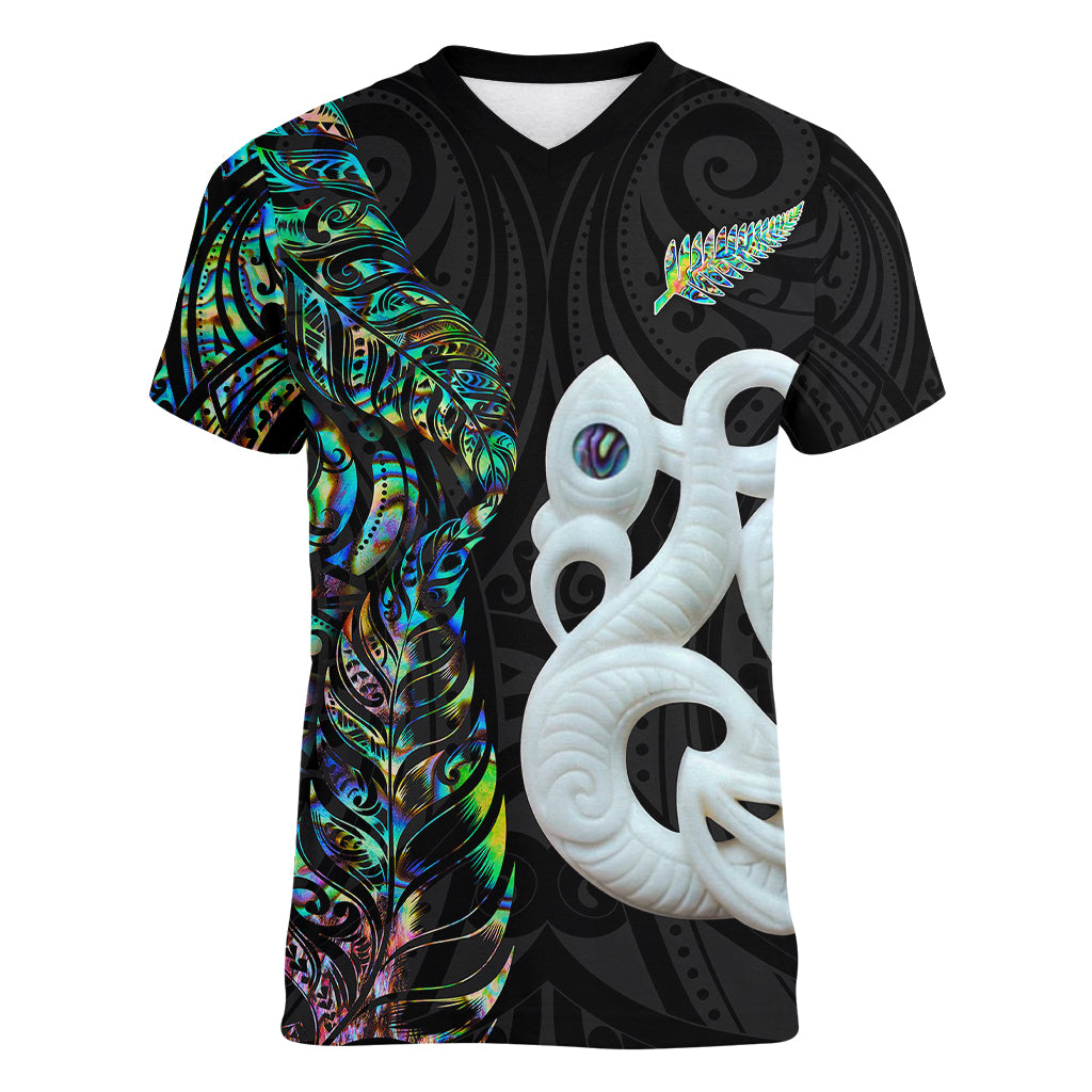 New Zealand Women V Neck T Shirt Silver Fern and Manaia with Papua Shell Maori Tribal LT03 Female White - Polynesian Pride