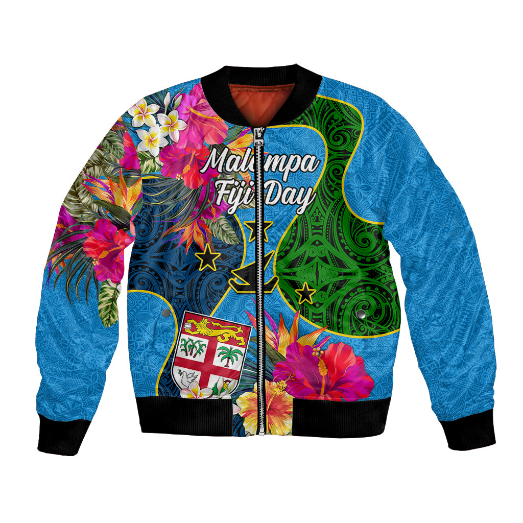 Personalised Malampa Fiji Day Bomber Jacket Tropical Plants Mix Polynesian and Tapa Pattern LT03 Unisex Blue - Polynesian Pride