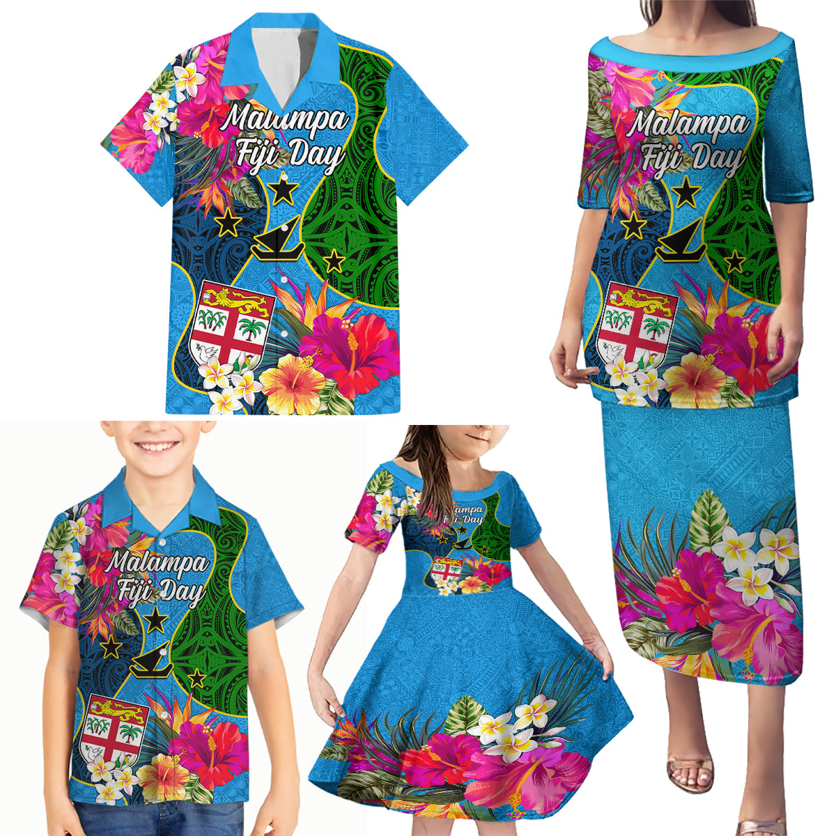 Personalised Malampa Fiji Day Family Matching Puletasi Dress and Hawaiian Shirt Tropical Plants Mix Polynesian and Tapa Pattern LT03 - Polynesian Pride