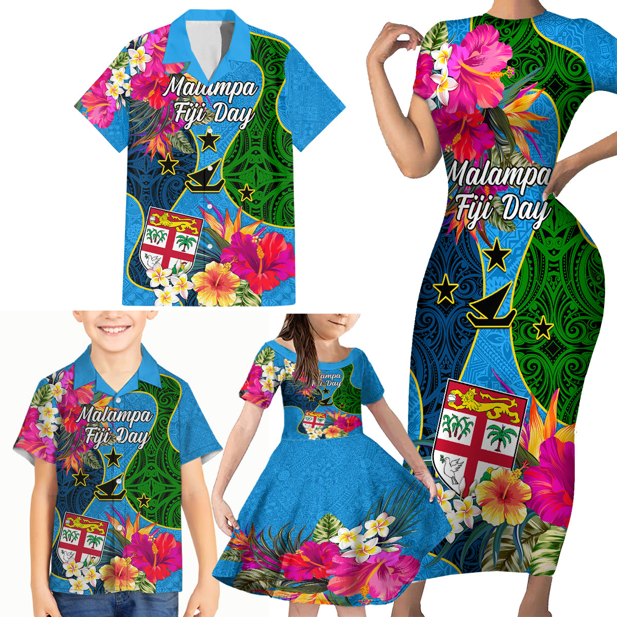 Personalised Malampa Fiji Day Family Matching Short Sleeve Bodycon Dress and Hawaiian Shirt Tropical Plants Mix Polynesian and Tapa Pattern LT03 - Polynesian Pride