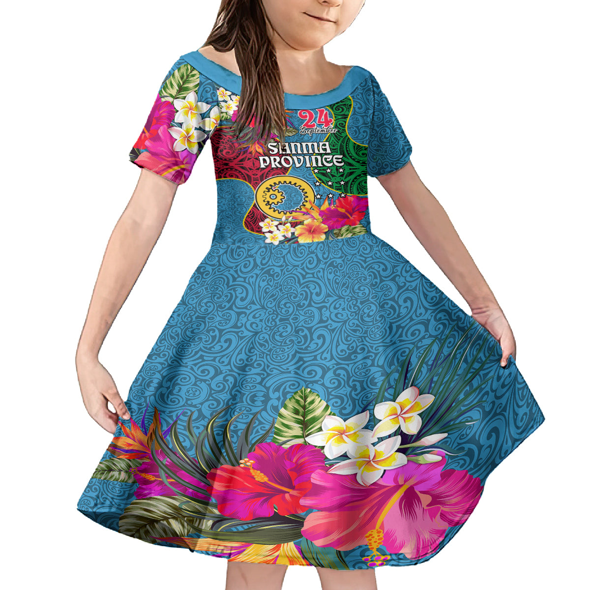 Personalised Sanma Day Kid Short Sleeve Dress Proud To Be A Ni-Van Beauty Pacific Flower LT03 KID Blue - Polynesian Pride