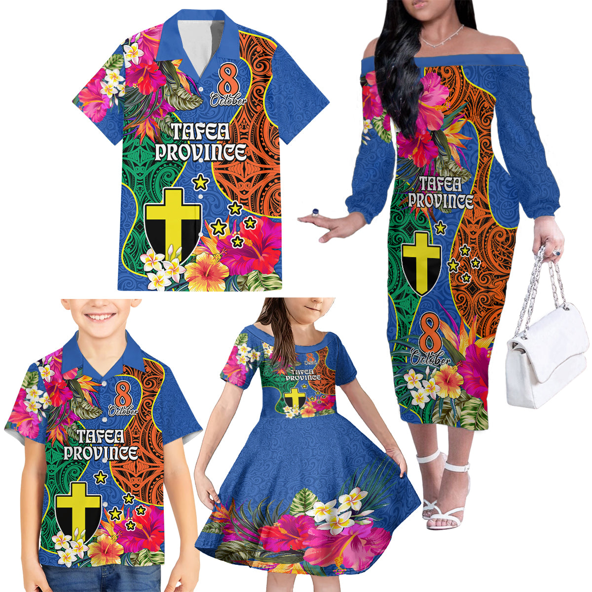 Tafea Day Family Matching Off Shoulder Long Sleeve Dress and Hawaiian Shirt Proud To Be A Ni-Van Beauty Pacific Flower LT03 Blue - Polynesian Pride