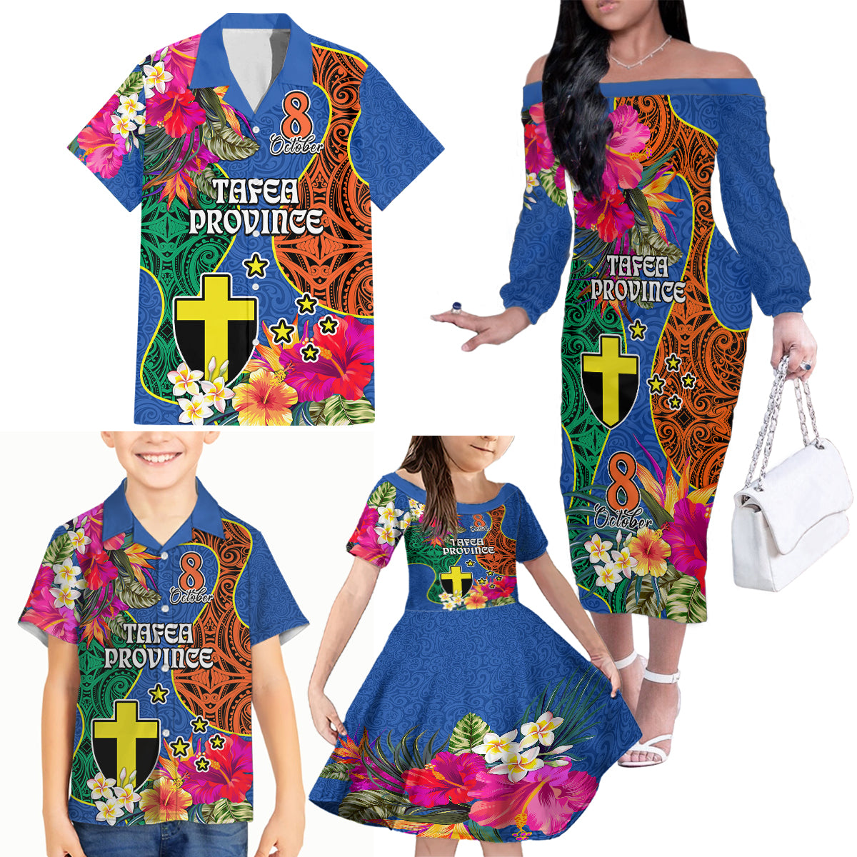 Personalised Tafea Day Family Matching Off Shoulder Long Sleeve Dress and Hawaiian Shirt Proud To Be A Ni-Van Beauty Pacific Flower LT03 Blue - Polynesian Pride