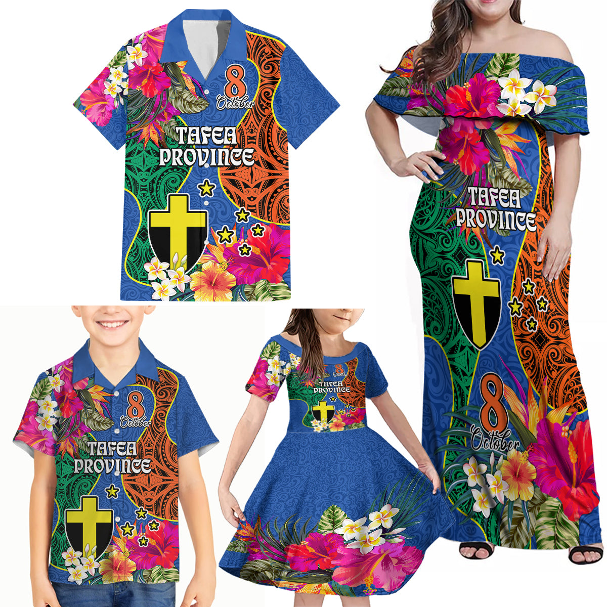 Personalised Tafea Day Family Matching Off Shoulder Maxi Dress and Hawaiian Shirt Proud To Be A Ni-Van Beauty Pacific Flower LT03 Blue - Polynesian Pride