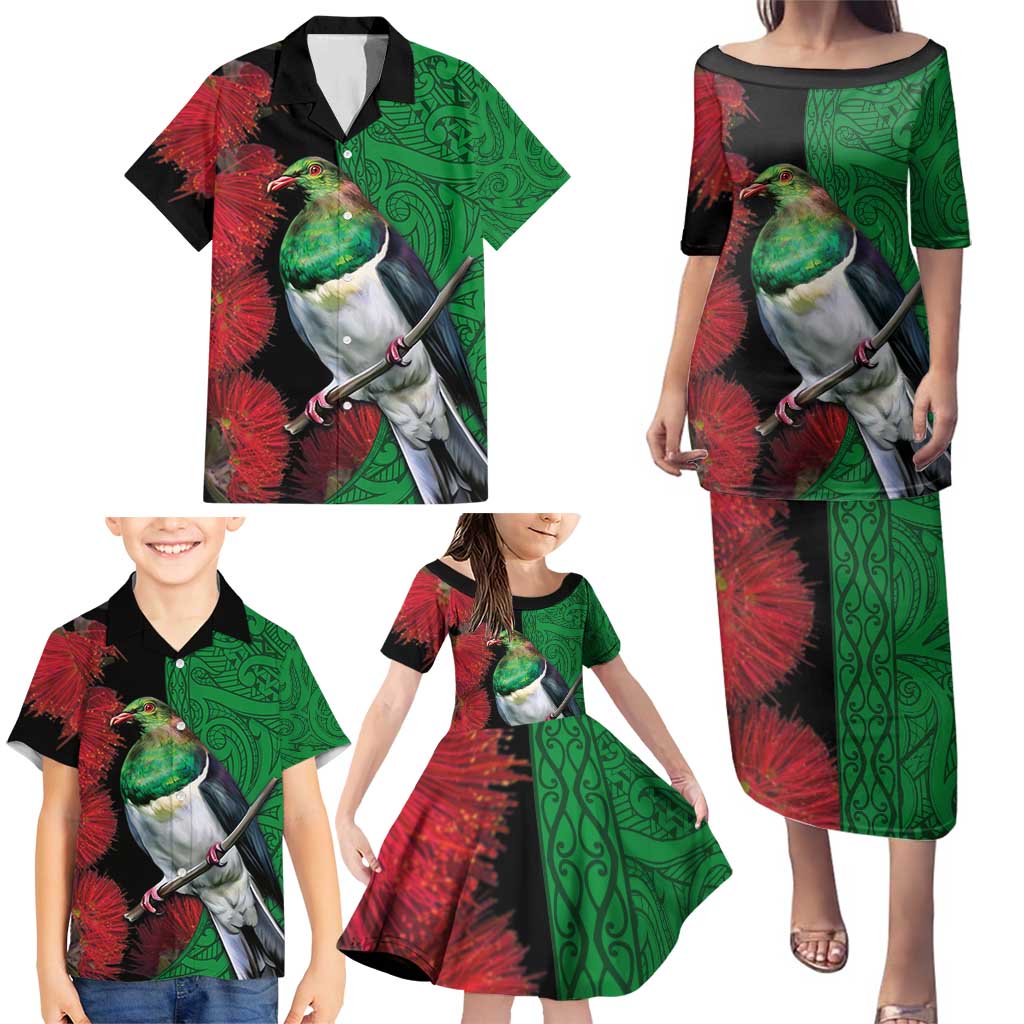 New Zealand Kereru And Pohutukawa Family Matching Puletasi and Hawaiian Shirt Maori Tribal Tattoo