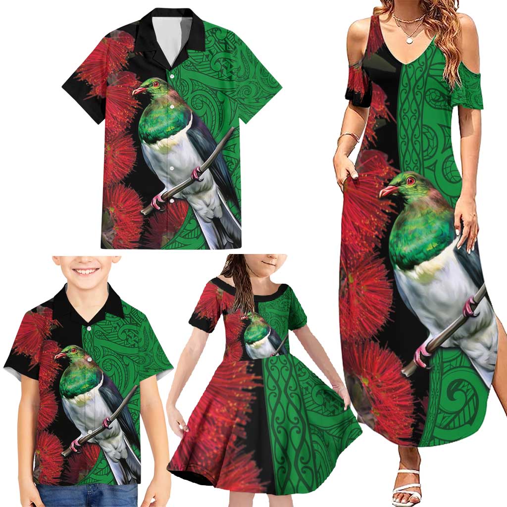 New Zealand Kereru And Pohutukawa Family Matching Summer Maxi Dress and Hawaiian Shirt Maori Tribal Tattoo