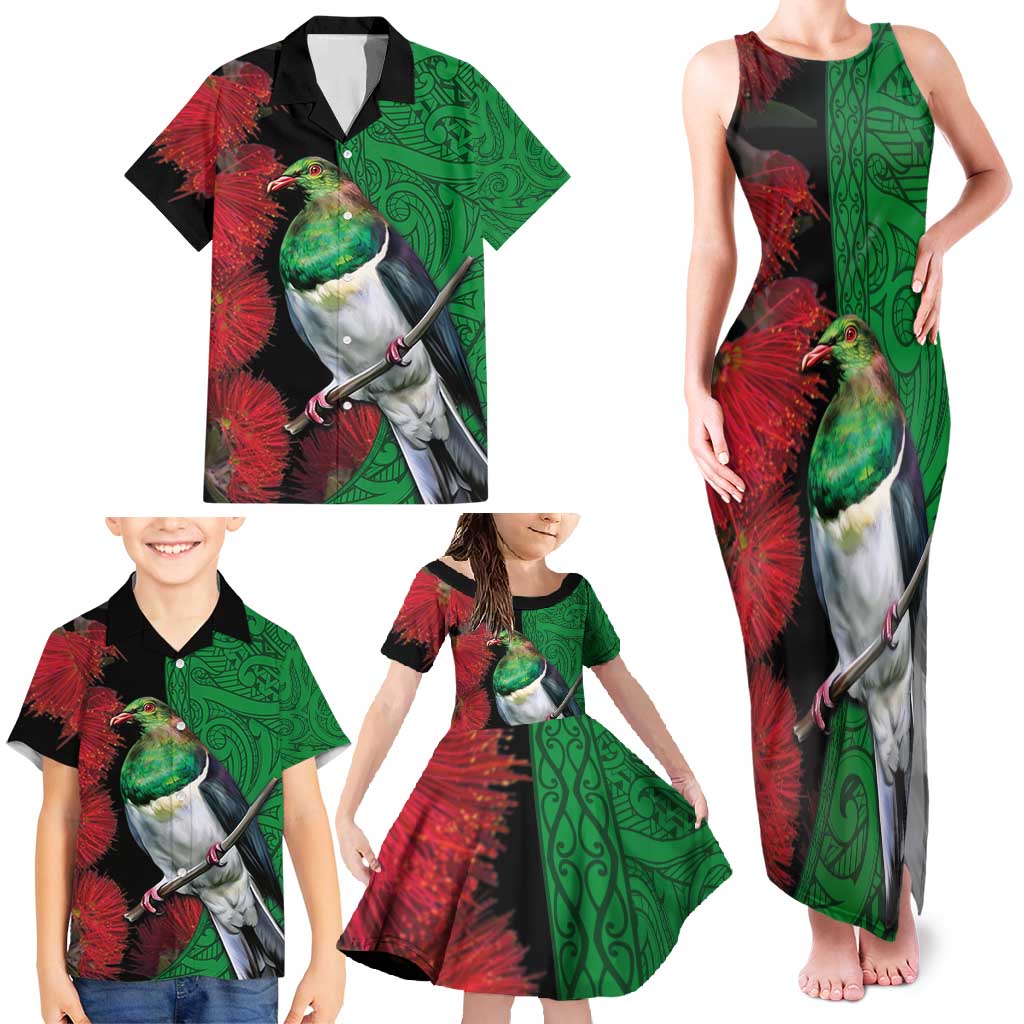 New Zealand Kereru And Pohutukawa Family Matching Tank Maxi Dress and Hawaiian Shirt Maori Tribal Tattoo