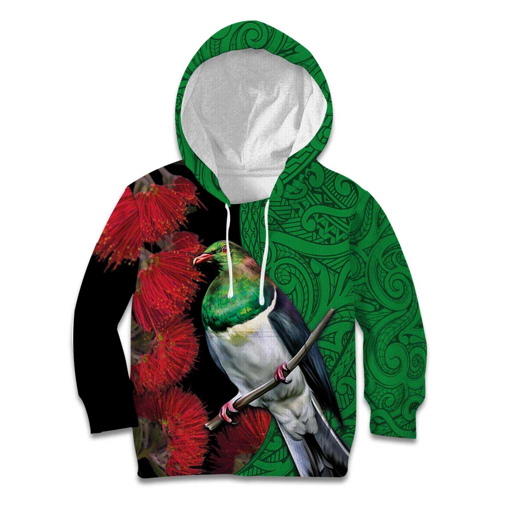 New Zealand Kereru And Pohutukawa Kid Hoodie Maori Tribal Tattoo